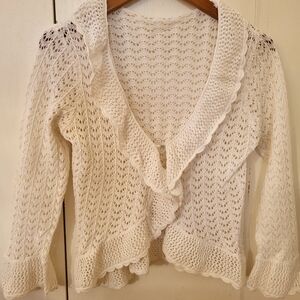 Elegant Cream Lace Ruffled Women's Cardigan Sz XXS